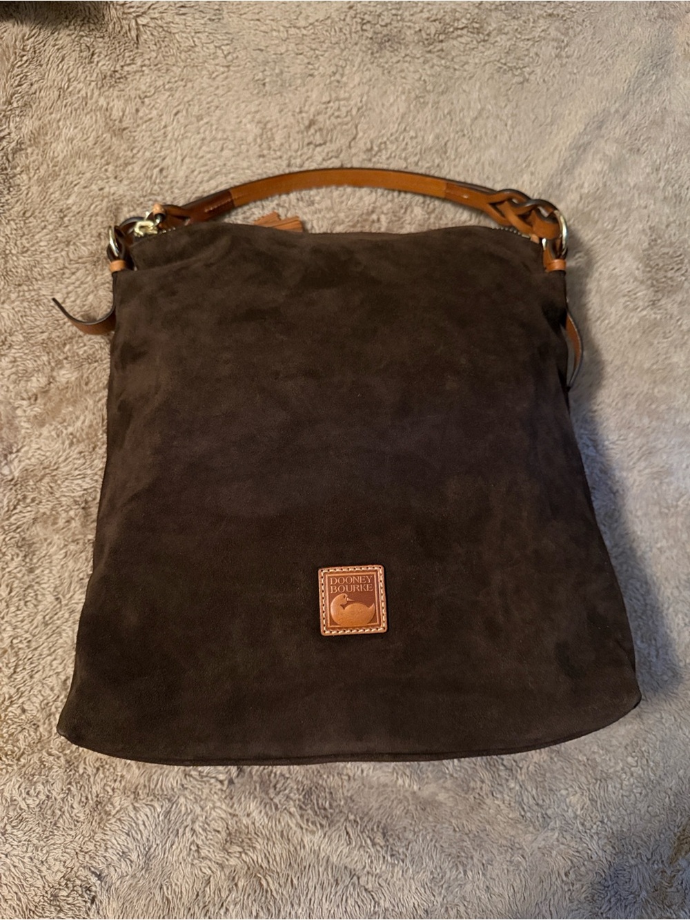 Dooney & Bourke Dark Brown Suede Messenger Bag with Tan Leather Trim
